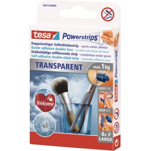 Tesa Powerstrips Transparent, 8 pièces. Bandes adhésives double face pour un retrait sans trace jusqu'à 1 kg.