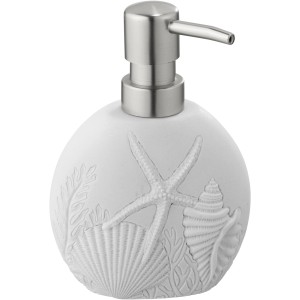 Dispenser sapone Wenko Maloto bianco con motivi marittimi come stelle marine e conchiglie.