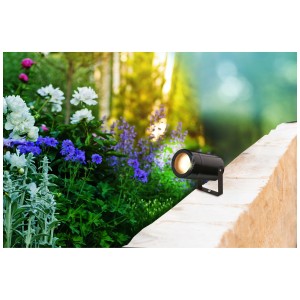 Faretto da giardino Max Hauri Neptuno, plastica nera, illumina aiuola fiorita.