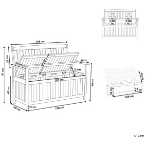 Schéma du banc de jardin Sovana en acacia marron foncé avec dimensions.
