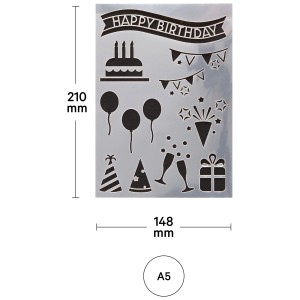 I Am Creative Stencil Happy Birthday A5 con motivi di torta, palloncini, regalo e cappelli da festa.