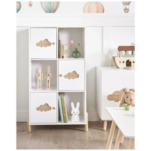 Bibliothèque enfant Cloudy blanche à 3 niveaux, motif nuage en rotin et pieds en pin. Idéale pour chambre d'enfant.