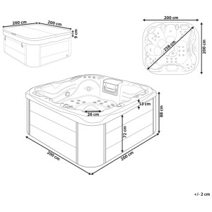 Schéma du spa extérieur Beliani Lastarria avec dimensions 200x200 cm, vue de dessus et couverture.