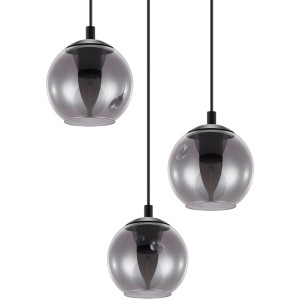 Lampada a sospensione Eglo Ariscani con tre sfere di vetro nero trasparente.