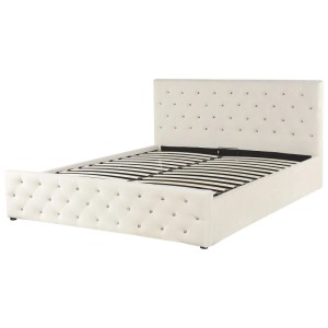 Beiges Samt Bett 160x200 cm mit Stauraum und Chesterfield-Design mit Glitzerknöpfen.