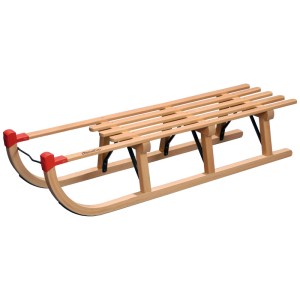 Slittino Davos in legno, 110 cm, con pattini in acciaio e protezione bordi rossa. Ideale per il divertimento invernale.