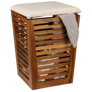 Cesto portabiancheria Wenko Fondi in legno marrone con cuscino, ideale per bagno o camera.