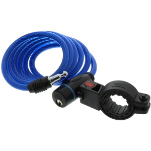 Antivol à câble spirale Burg Wächter Spiral-Seilschloss 1260, bleu avec support et clés.