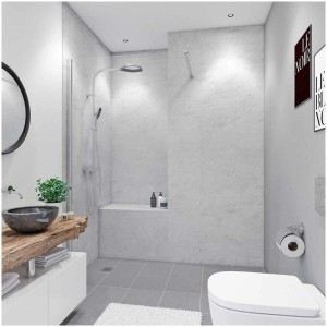 Bagno con pannello posteriore doccia Breuer effetto marmo grigio lucido, 150x255 cm.