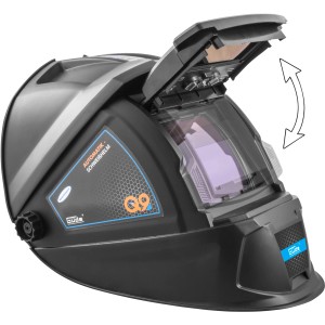 Casco per saldatura automatico Güde GSH-K con visiera ribaltabile per una visione chiara durante la saldatura.