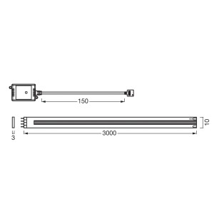 Disegno tecnico Osram LED strip Smart Wifi COB, dimensioni: 300x1x0.3cm, cavo 150cm.