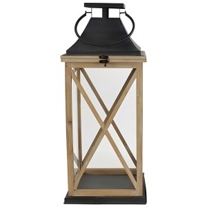 Lanterne Taldon naturelle, taille L, 61x25,5 cm, en bois et verre. Bougeoir décoratif pour une ambiance chaleureuse.