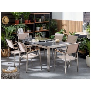 Salon de jardin Grosseto 7 p. avec table en granit, 6 chaises en acier inoxydable, assises beiges.