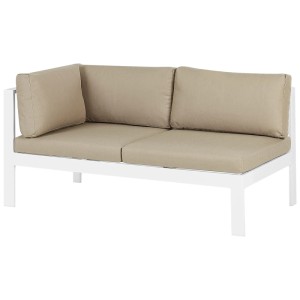 Divano angolare da giardino Beliani Messina, alluminio bianco, cuscini beige sabbia. Arredo lounge.