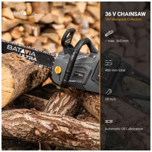 Tronçonneuse à batterie Batavia Ultra Black 36V avec lame de 460mm devant une pile de bois.