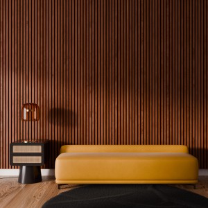 Pannello acustico da parete in noce oliato con divano giallo e lampada nella stanza.