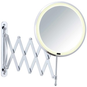 Specchio da parete telescopico Wenko LED Barona cromato con braccio estensibile e superficie rotonda.