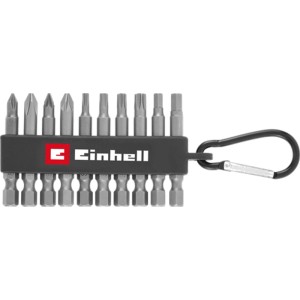 Set di punte Einhell da 10 pz in acciaio S2, 50mm, con moschettone per uso mobile.