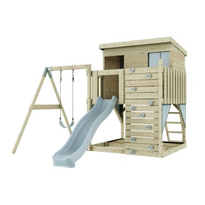 Torre gioco PolarPlay Tjorven con altalena e scivolo. Legno naturale, altalena blu ghiaccio.