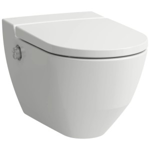 WC douche Laufen Navia blanc suspendu, sans bride, avec abattant et commande latérale.