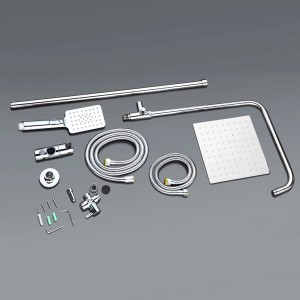 Système de douche en acier inoxydable avec douche de tête carrée, douchette et accessoires.