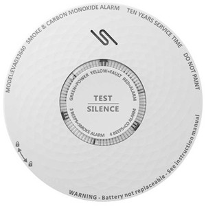 Détecteur de fumée et de monoxyde de carbone 2en1 rond blanc avec bouton de test et indicateur LED.