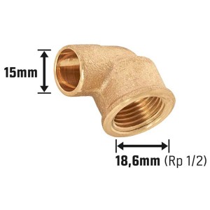 Raccordo a gomito in ottone, 15 mm x 18,6 mm (Rp 1/2), per tubi in rame.