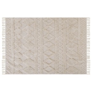 Tapis à poils courts beige Didim avec motif géométrique et franges, 160x230 cm.