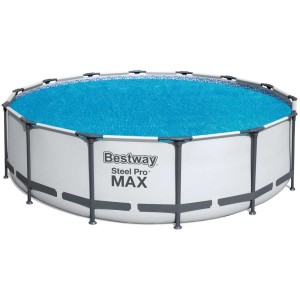 Couverture solaire ronde Bestway pour piscine (Ø 417 cm) sur une piscine, bleue, en polyéthylène.