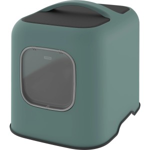 Maison de toilette pour chat Rotho Biala verte avec porte et poignée.