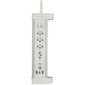 Bloc multiprise de table blanc avec 4 prises T13, 2 USB-A et 1 port USB-C.