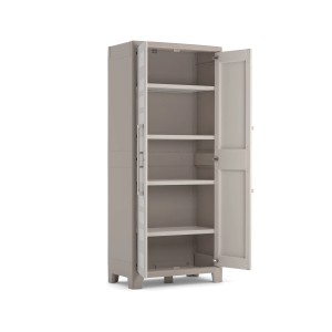 Armoire haute en plastique beige clair Gulliver avec portes ouvertes et étagères.