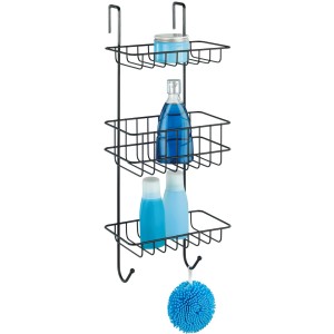 Étagère de douche noire Wenko Revigo avec 3 étagères et accessoires de douche.