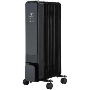 Radiateur à huile noir Sonnenkönig OFR 7L avec façade en verre, écran LED et roulettes.