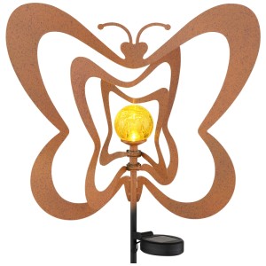 Globo Piquet solaire LED papillon, métal aspect rouille avec boule en verre craquelé, 83 cm de haut.