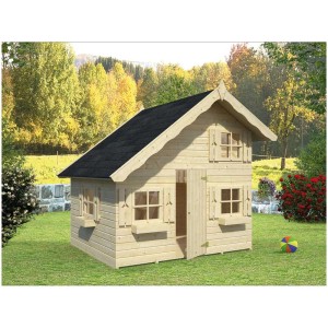 Cabane de jeux en bois Pletscher Miriam à deux étages avec volets et porte ouverte.