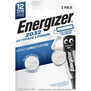 Confezione da 2 batterie a bottone al litio Energizer CR2032 per dispositivi come telecomandi e termometri.