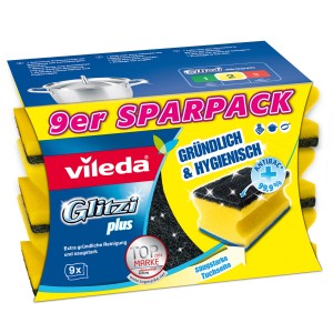 Vileda Glitzi XXL spugna, confezione da 9 con lato abrasivo e panno per la cucina.