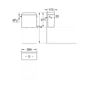 Disegno tecnico Grohe cassetta di scarico Euro Ceramic, bianco alpino, con ingresso laterale e dimensioni.