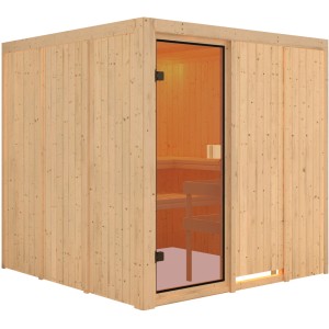 Sauna Karibu Oulu con porta in vetro bronzato, ingresso frontale e panche in legno di abete.