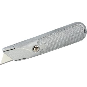 Coltello Wolfcraft standard con lama trapezoidale fissa, argento, con superficie strutturata.