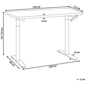 Bureau Beliani Destinas, réglable en hauteur par manivelle. Dessin technique avec dimensions: plateau 120x72 cm, hauteur 74-119 cm.