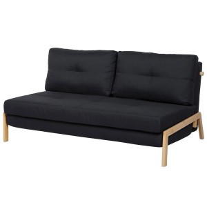 Canapé convertible Edland, 2 places, noir, avec pieds en bois et deux coussins.