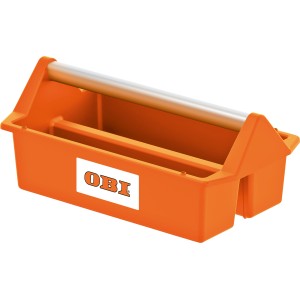 Porte-outils OBI orange en plastique avec poignée argentée et logo OBI.