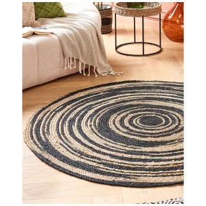 Tapis rond en jute Artora beige et noir, Ø 140 cm. Tapis à poils courts au design scandinave.