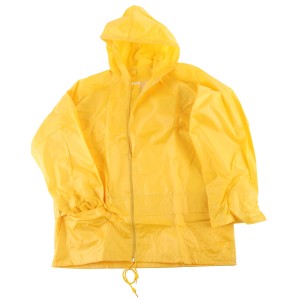 Giacca antipioggia gialla, taglia M, con cappuccio e zip per abbigliamento da lavoro.