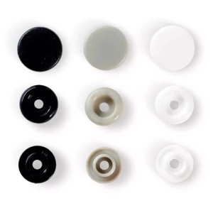 Bottoni a pressione Prym Color Snaps Love in plastica, Ø 12,4 mm, 30 pz, assortiti in nero, grigio e bianco.