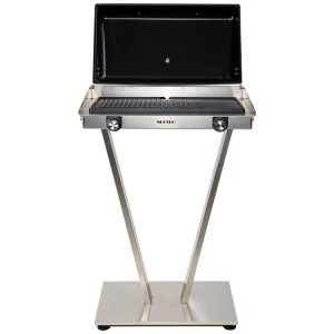 Grill elettrico a V Nouvel in acciaio inox con coperchio aperto e controllo temperatura.