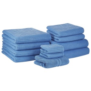 Ensemble de 11 serviettes Areora en coton bleu avec texture gaufrée.
