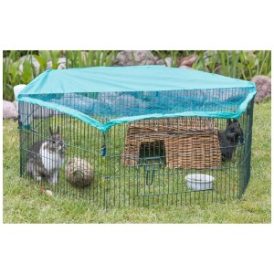 Parc extérieur Trixie Natura pour jeunes animaux avec filet, Ø 116 cm, haut. 38 cm, avec deux lapins.